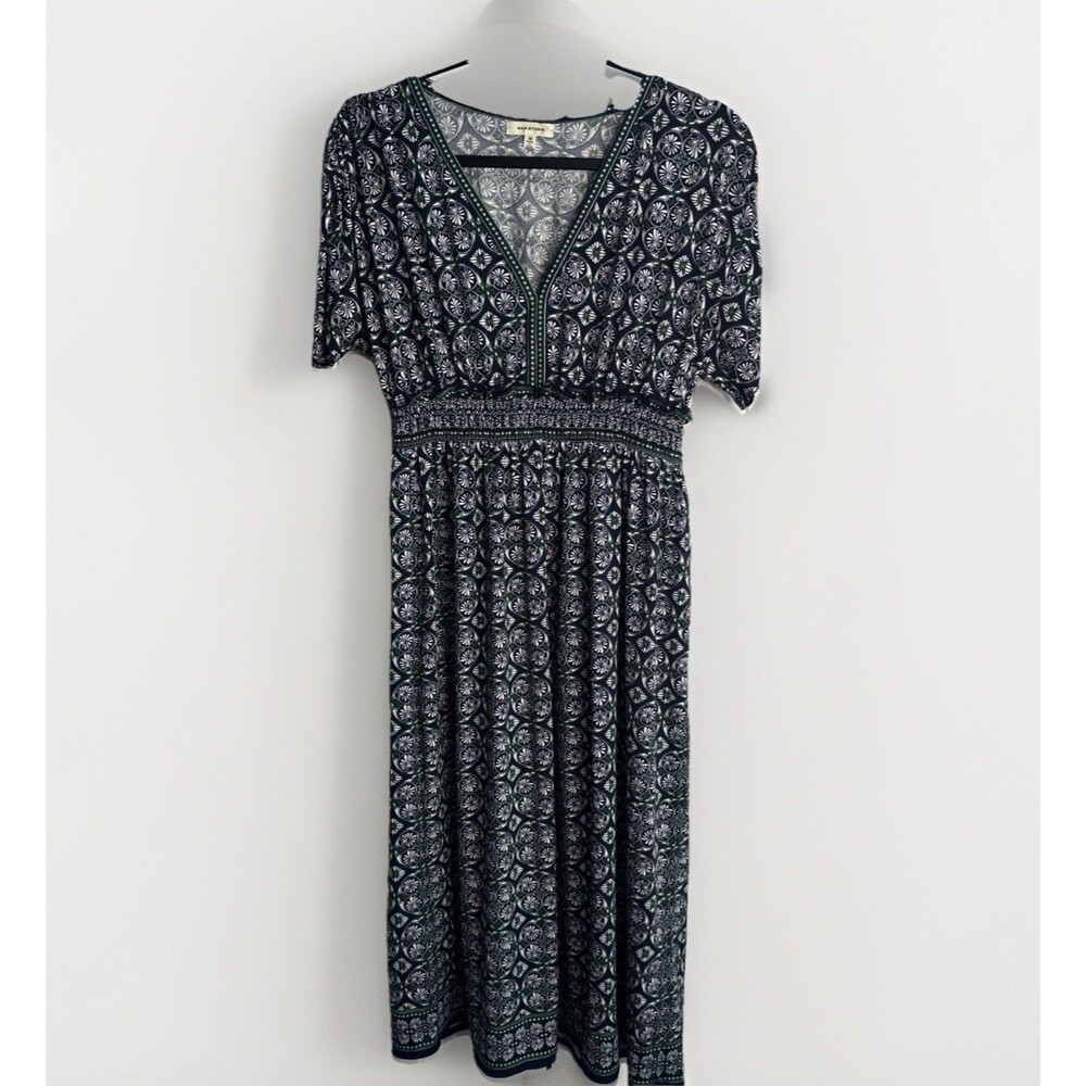 Max Studio Blue Boho Midi Dress Tile Print Mediterranean Cruise Resort Size M